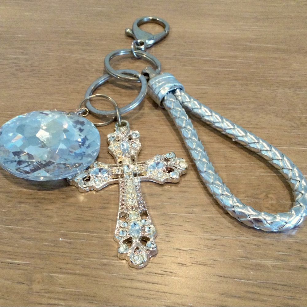 Key Chain w/ Crystal, Rhinestone Cross, Braided Rope - Picture 5 of 11